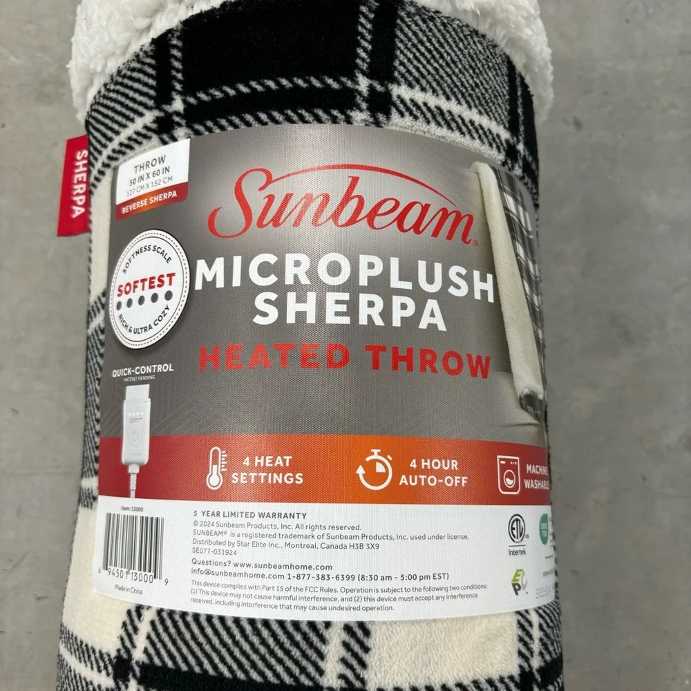 Sunbeam Microplush‎ Sherpa Electric Heated Throw Blanket, White and Black Plaid